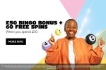 a woman holding pool balls with the words 50 bingo bonus + 60 free spins when you spend £ 10