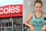 a woman is sweating on a treadmill in front of a coles store