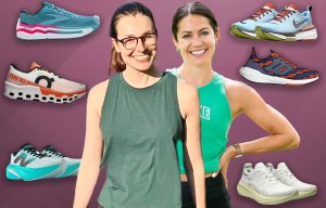 two women are standing next to each other in front of a collage of running shoes