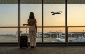 a woman looking out a window at an airplane taking off